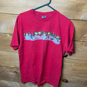 Peanuts Winter Wonderland tshirt mens Snowman Red Christmas Lg winter ugly funny